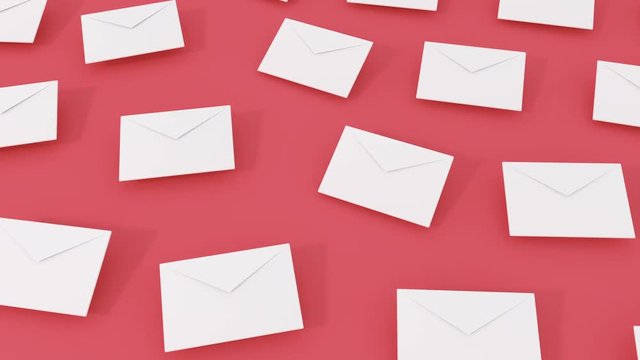 3d render animation of postal letter moving on different color surface. 4k seamless loop footage. 