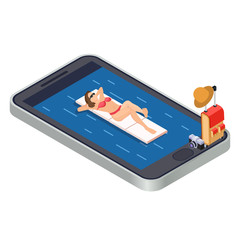 Woman relaxing with swimming mattress on sea - mobile app isometric travel concept. Sea summer woman relax in water pool illustration