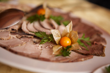 COLD MEAT AND SALAD ON PLATE IN RESTAURANT MOSCOW RUSSIA
