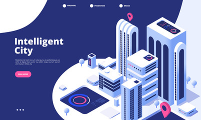 Smart city concept. Urban digital innovation office future city virtual town road smart skyscraper 3d isometric landing vector page. Illustration of smart city isometry web banner - obrazy, fototapety, plakaty