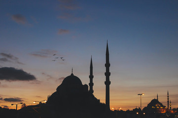 Silhouette of mosques of the night city of Istanbul, Turkey.