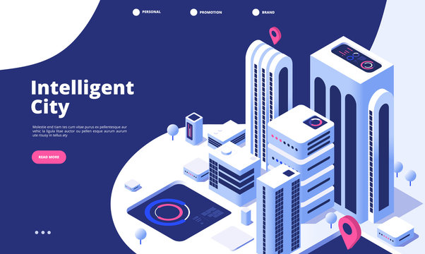 Smart City Concept. Urban Digital Innovation Office Future City Virtual Town Road Smart Skyscraper 3d Isometric Landing Vector Page. Illustration Of Smart City Isometry Web Banner