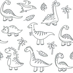 Dinosaur outline seamless pattern. Cute baby dino funny brontosaurus monsters jurassic animals dragon dinosaurs vector kids textile. Illustration of outline pattern dinosaur seamless, dino childish © MicroOne