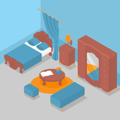 Flat isometric interior of bedroom, wooden furniture with classic design. Apartment, traditional living room decoration. Nightstand, bed and drawers. Wardrobe, mirror and ottoman