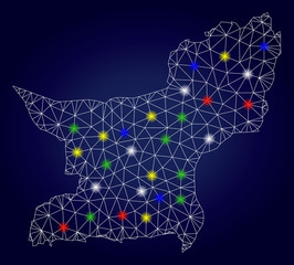 Bright polygonal vector Balochistan Province map with glare light spots. Mesh model for patriotic illustrations. Abstract lines, dots, light spots are organized into Balochistan Province map.