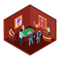 Casino room, 3d isometric gambling vector concept. Poker and jackpot, casino room isometry illustration
