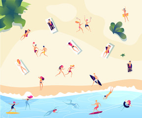 Summer beach people. Persons swim dive in sea relaxing sunbathing active family women men water games summer beach vector concept. Sea summer beach, tourism swimming and sunbathing illustration