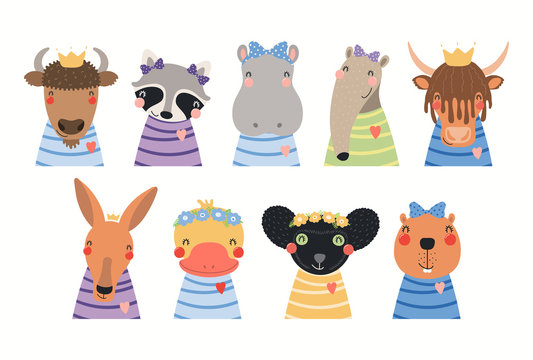 Big set of cute animals in t-shirts, crowns, ribbons, flower wrethes. Isolated objects on white background. Hand drawn vector illustration. Scandinavian style flat design. Concept for children print.