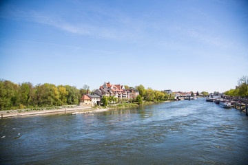 Fototapeta premium View from the stone bridge in Regensburg. Stone bridge