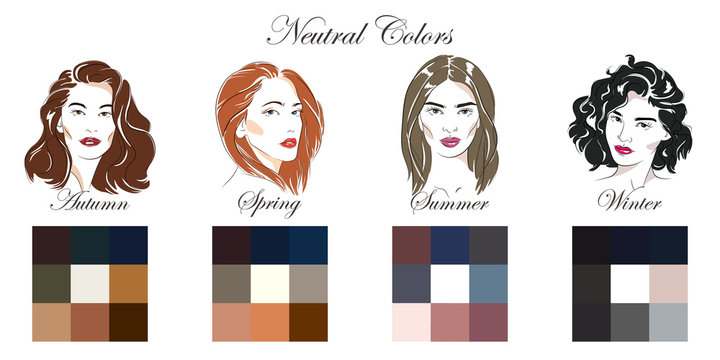 Seasonal color analysis. Vector hand drawn girls with different types of female appearance. Set of palettes with neutral colors for Winter, Spring, Summer, Autumn