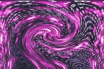Pink matrix digital background. Distorted cyberspace concept. Characters fall down in wormhole. Hacked matrix. Virtual reality design. Complex algorithm data hacking. Pink digital sparks.