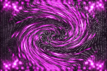 Pink matrix digital background. Distorted cyberspace concept. Characters fall down in wormhole. Hacked matrix. Virtual reality design. Complex algorithm data hacking. Pink digital sparks.