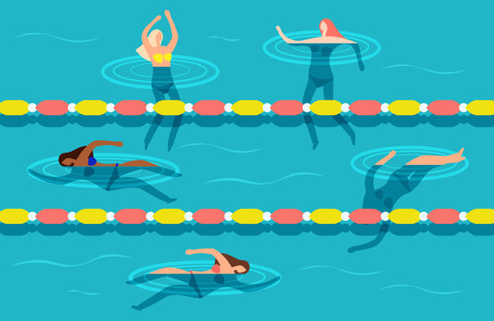 Group of women swimming in waterpool vector illustration. Woman swim in pool, sport swimming