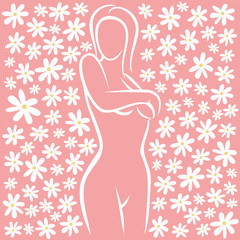 Woman health, vector female silhouette with chamomile flowers on pink background. Health woman body silhouette with flowers illustration