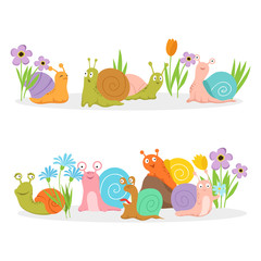 Group of cartoon character snails with flowers. Vector creature cochlea in grass and bright flowers illustration