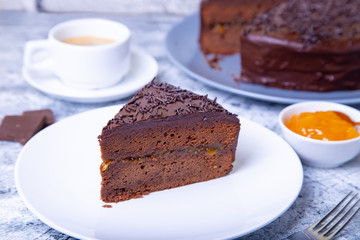 cake. Traditional Austrian chocolate dessert. Homemade baking. Selective focus, close-up.