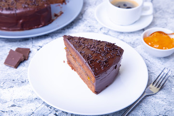 cake. Traditional Austrian chocolate dessert. Homemade baking. Selective focus, close-up.