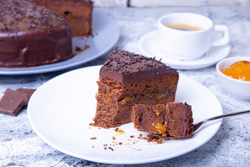 cake. Traditional Austrian chocolate dessert. Homemade baking. Selective focus, close-up.
