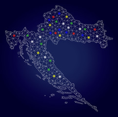 Glamour mesh vector Croatia map with glow light spots. Carcass model for patriotic templates. Abstract lines, dots, glare spots are organized into Croatia map. Dark blue gradiented background.