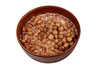 Fototapeta na wymiar Cereal chocolate balls with milk in a bowl isolated on white background