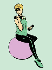 girl sitting on a fitball with dumbbells