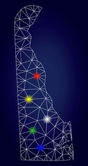 Bright mesh vector Delaware State map with glowing light spots. Mesh model for patriotic illustrations. Abstract lines, dots, glare spots are organized into Delaware State map.