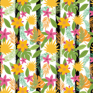 Vector exotis tropical plants and flowers seamless pattern. Tropical exotic plant, summer colored flower illustration
