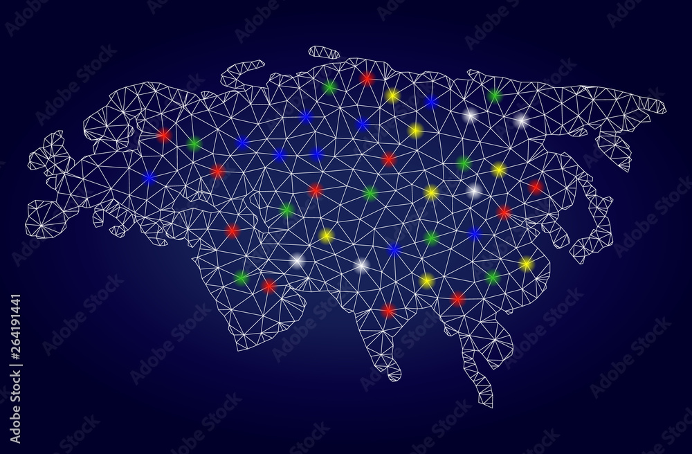 Poster glamour mesh vector eurasia map with glow light spots. mesh model for patriotic templates. abstract 