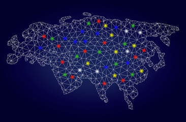 Glamour mesh vector Eurasia map with glow light spots. Mesh model for patriotic templates. Abstract lines, dots, glare spots are organized into Eurasia map. Dark blue gradiented background.