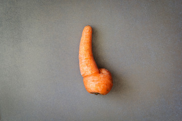 Ugly organic homegrown carrot on grey background. Odd, misshapen produce, deformed vegetables, food waste concept. Top view, flat lay, copy space.