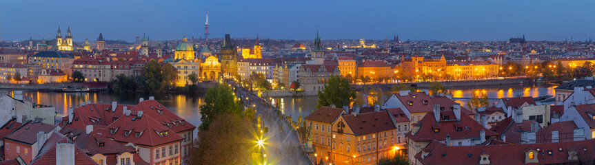 PRAGUE, CZECH REPUBLIC - OCTOBER 15, 2018: The panorama of the city with the Charles bridge and the Old Town at dusk.