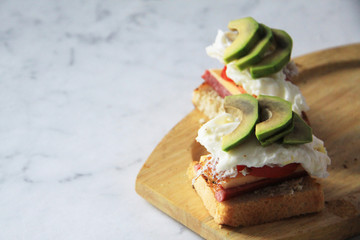 Cold cut sausage on wheat with Swiss cheese, tomato, egg and avocado