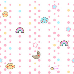 Kawaii style Seamless Pattern Background with cute clouds, stars, rainbow and moon.