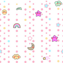 Kawaii style Seamless Pattern Background with cute clouds, stars, rainbow and moon.