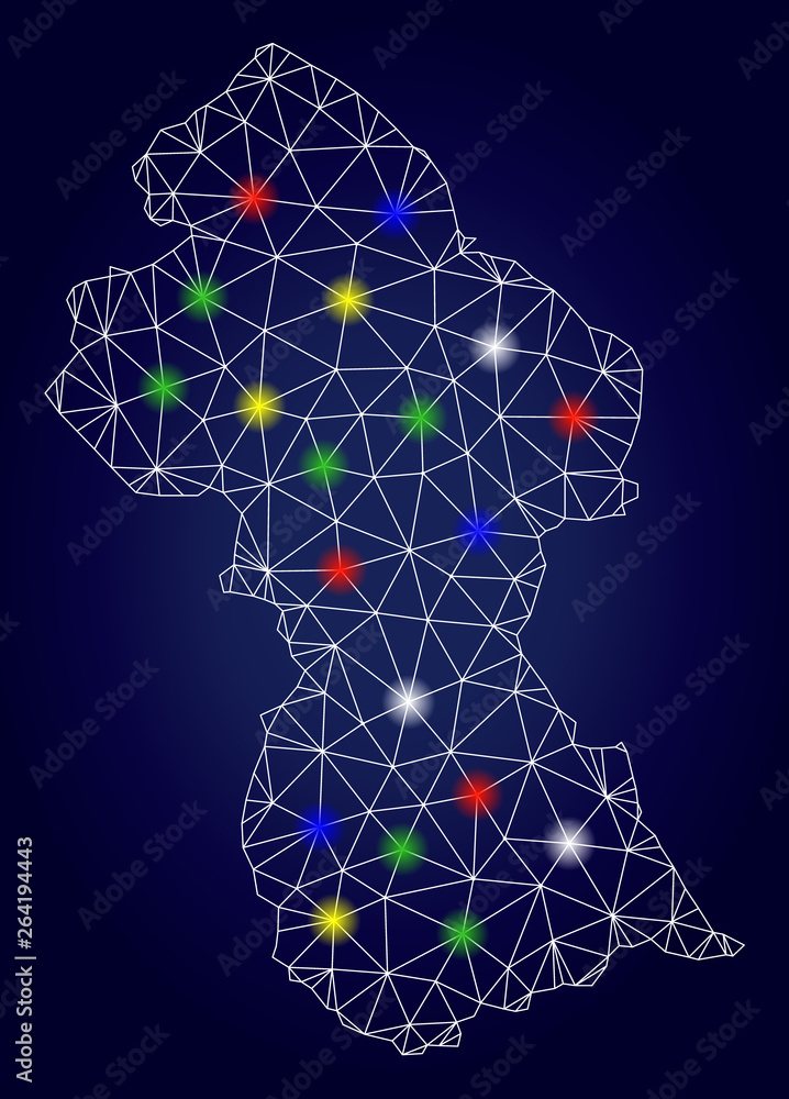 Poster bright mesh vector guyana map with glow light spots. mesh model for patriotic purposes. abstract lin