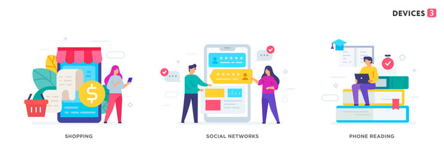 People use gadgets. set of icons, illustration. Smartphones tablets user interface social media.Flat illustration Icons infographics. Landing page site print poster.