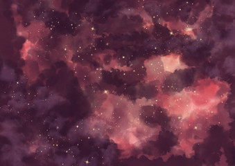 Realistic watercolor sky with shining stars. Beautiful background on the night with clouds. Texture with the possibility of printing on a T-shirt, poster.  Illustration of a starry sky.