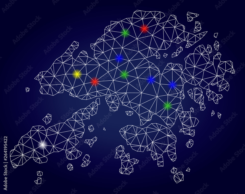 Poster bright mesh vector hong kong map with glare light spots. lowpoly model for political illustrations. 
