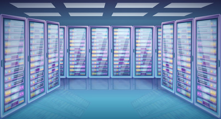 cartoon server room with cabinets with servers, vector illustration