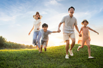 Happy young family running on meadow