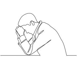 Continuous line drawings of young men feeling sad, tired and worried about suffering from depression in mental health. problems, failures and concepts of heartbreak