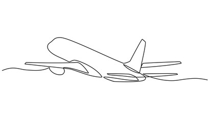 Obraz na płótnie Canvas Continuous line drawing of airplane took off with a white background. illustration of an isolated plane. Airline Concept Travel Passenger plane. Jet commercial airplane. Illustration