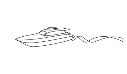 continuous line drawing from the boat traveling at high speed in the waters. concept of traveling by yacht. yacht go isolated with white backgrounds