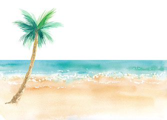 青空と砂浜と水平線 水彩イラストのトレースベクター Wall Mural Keiko Takamatsu