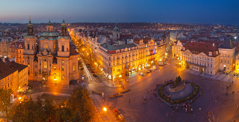 Fototapeta na wymiar Prague - The panorama with the St. Nicholas church, Staromestske square and the Old Town at dusk.