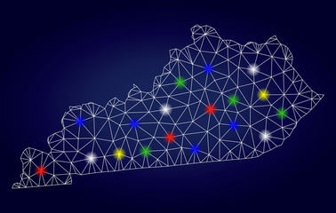 Glamour mesh vector Kentucky State map with glare light spots. Lowpoly model for patriotic purposes. Abstract lines, dots, glare spots are organized into Kentucky State map.