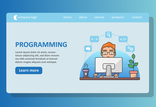 Programmer at work concept banner. Landing web page template.Can use for web banner, infographics, hero images. Flat isometric vector illustration isolated on blue background