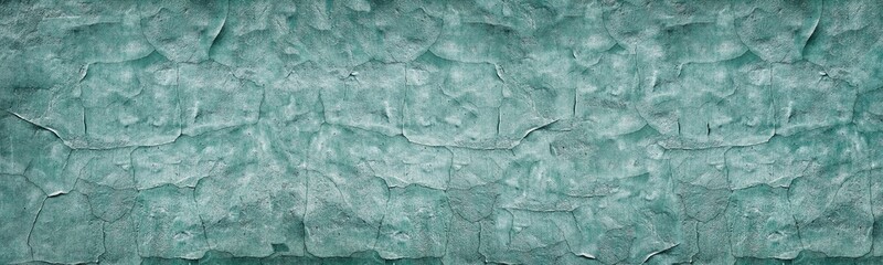Dark turquoise cracked concrete wall wide texture. Weathered cement surface panoramic retro background. Blue vintage backdrop