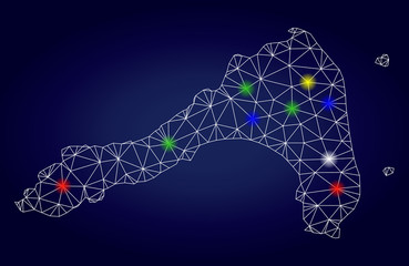 Bright mesh vector Koh Lipe map with glare light spots. Lowpoly model for political templates. Abstract lines, dots, glare spots are organized into Koh Lipe map. Dark blue gradiented background.