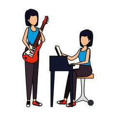 women playing grand piano and guitar electric